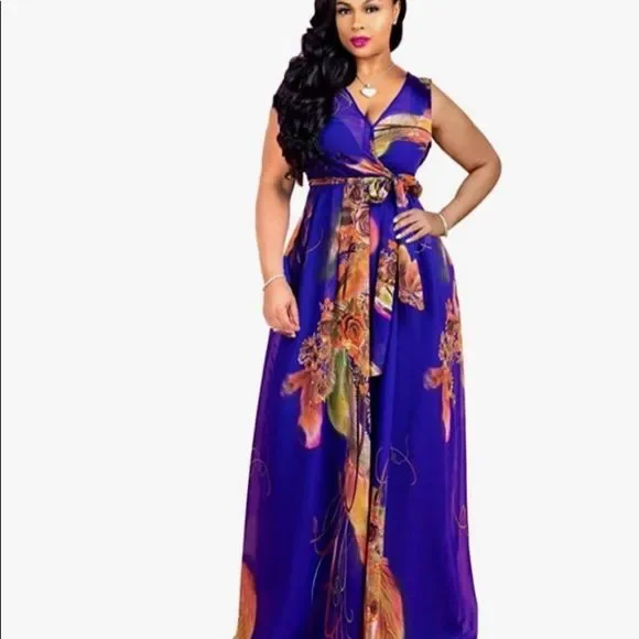 Dresses | Blue Short Sleeve Women Maxi Dress Boho Chiffon Floral Printed  Vneck Lon